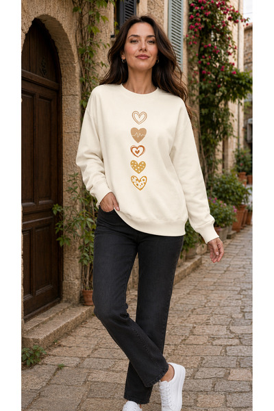 TREND EMMODA سويت شيرت نسائي بطبعة قلوب عمودية 5 قلوب وياقة دائرية، مريح للاس...