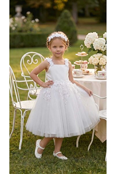 modabesta White Lace Floral Puffy Girls Evening Gown