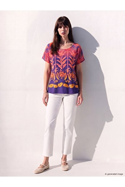 Flubutik Women's Viscose Woven Relaxed Fit Blouse Orange Navy Pattern