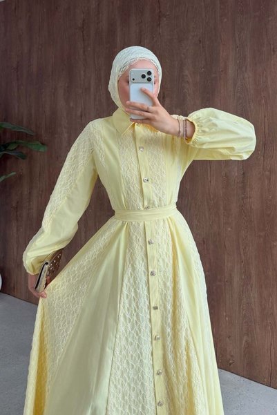 Şule Giyim Romantic Lace Detailed Dress Yellow