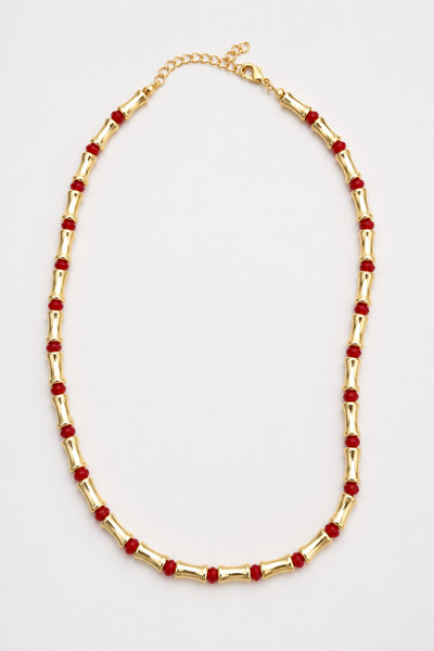 Alexis Carrel Rosella Red Beaded Gold Bone Women's Necklace