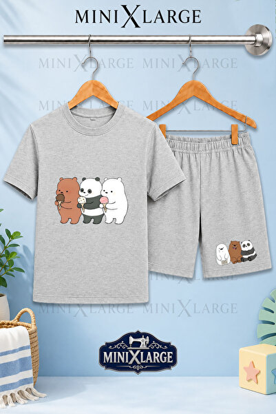 MINIXLARGE Çocuk Tişört - Şort Takım PANDA ÜÇLÜ DONDURMA Özel Baskılı Unisex ...