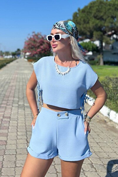 Kadın Yan Büzgü Detaylı Crop Bluz Yüksek Bel Şort Takım