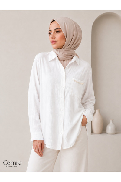 Cemre Collection Monako kumaş inci cepli kadın gömlek