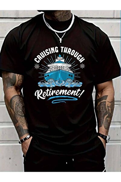 9TAY تي شيرت مطبوع عليه عبارة "Cruising Through Retirement" مصنوع من القطن بن...