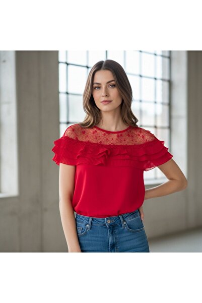 OEM Bluză elegantă de damă cu dantelă și volane plisate, mânecă scurtă, A-121