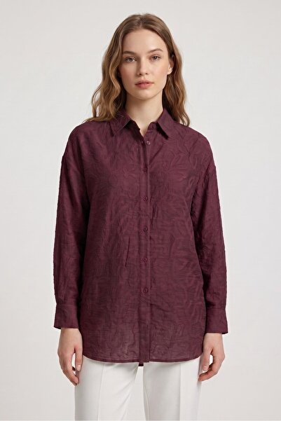 Saade Burgundy Oversize Embossed Leaf Motif Flowy Shirt