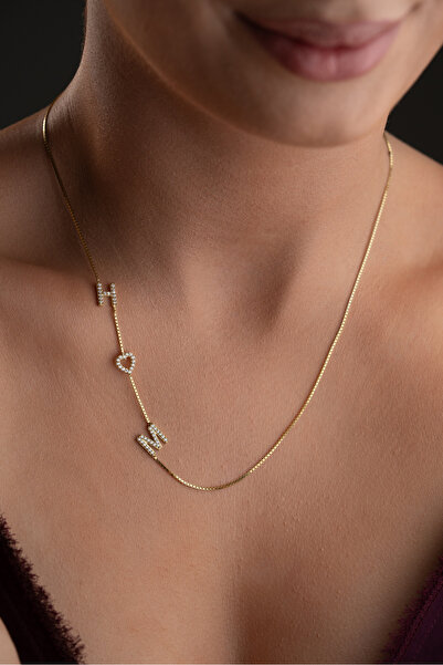 beonejewelry 925 Ayar Gümüş Kişiye Özel Taşlı Çift Harf Ve Taşlı Kalp Kolye