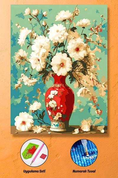 HONDEP 5D Diamond Painting 70x50cm Kırmızı Vazoda Çiçekler Sayılarla Elmas Bo...