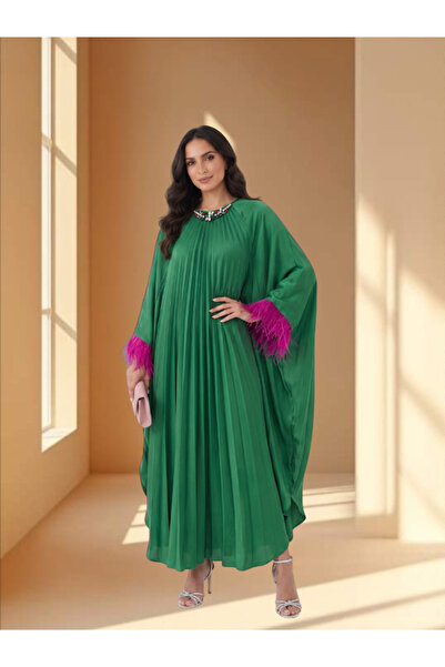 FNM Women's Pleated Kaftan Dress - Embellished Neckline & Contrast Feather Cuffs