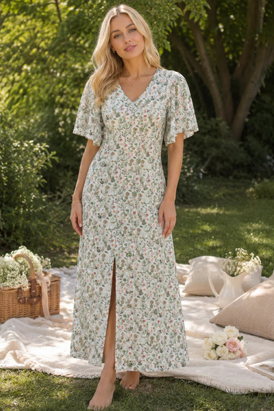 Aryena Green Women's Patterned Short Sleeve Dress