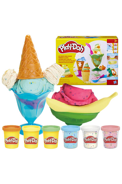 Hasbro Set Play-Doh plastelina inghetata Party, 6 culori, 22 accesorii, 336g