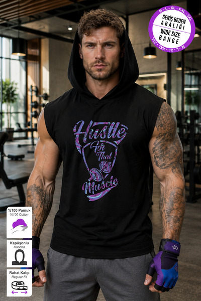 BESSA Black Hustle Purple Printed Standard Fit Hooded Sports Athlete Cotton F...