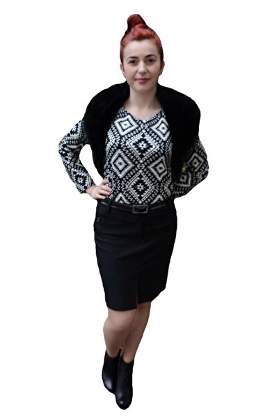OEM Fusta casual, de culoare neagra, model scurt cu slit in fata