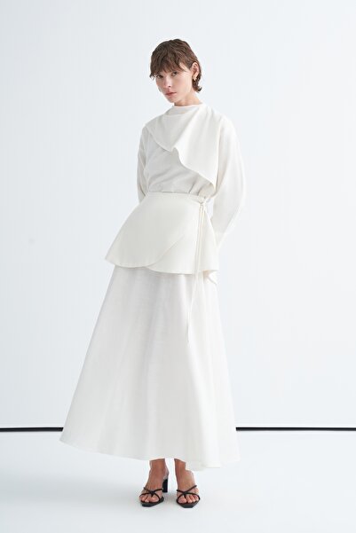 EBU Prive Women's Organic Cotton Shawl Collar Mobile Belt Skirted Blouse Ecru