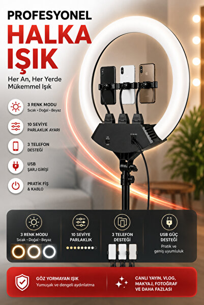 MATECHNO Profesyonel Ring Light LED Halka Işık 3 Telefon Tutuculu Uzaktan Kum...