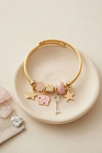 OGHAMAY Key and Elephant Model Pink Charm Bracelet