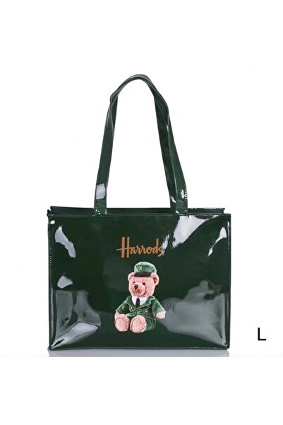 Harrods شنطة كتف/تسوق بشعار هارودز والدب اللطيف - لون اخضر - مقاس كبير(الابعا...
