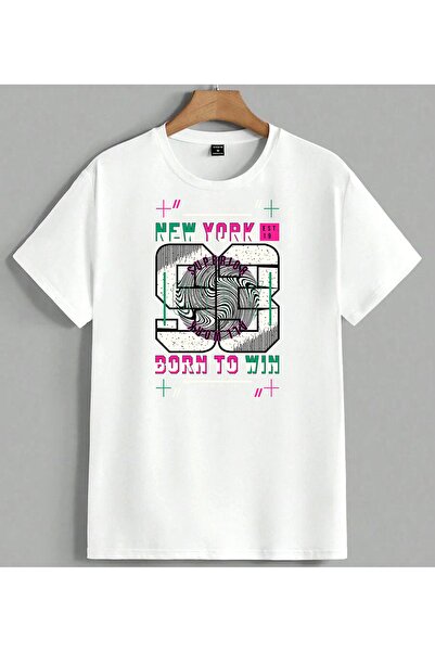ELFERA Μπλουζάκι Unisex Oversize με στάμπα New York Born Win Design, Λευκό