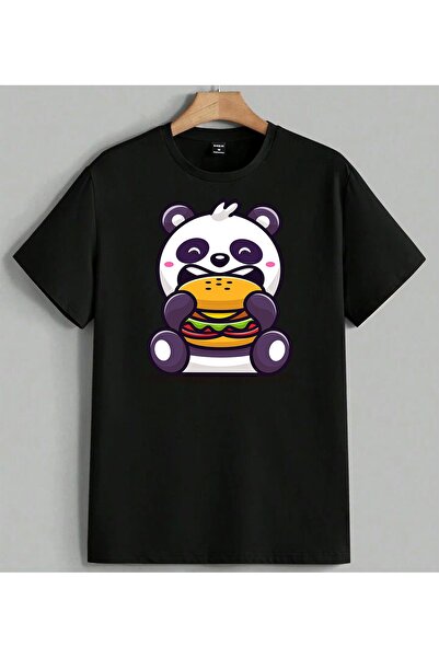 ELFERA Panda Hamburger Slatka unisex majica sa štampanim motivom, crna