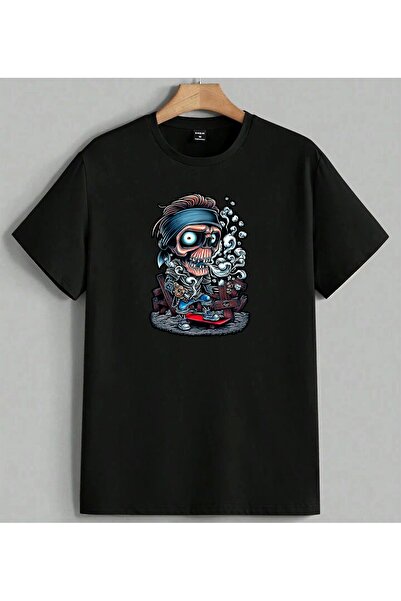 ELFERA Μπλουζάκι Unisex Oversize με στάμπα Skeleton Skateboard Horror Art, Μαύρο