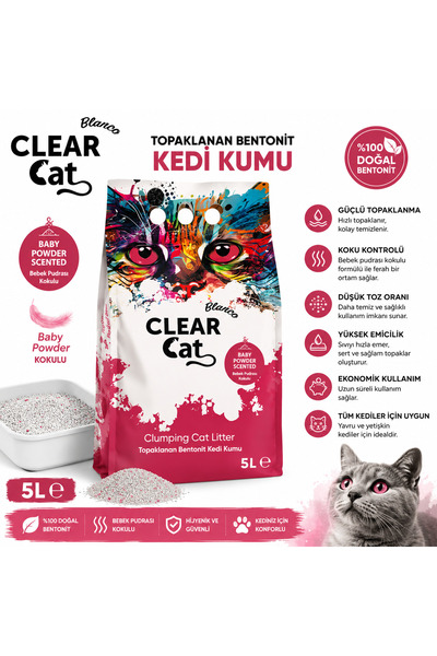 Genel Markalar Clear Cat Baby Pudrası Kokulu Topaklanan Bentonit Kedi Kumu 5 ...