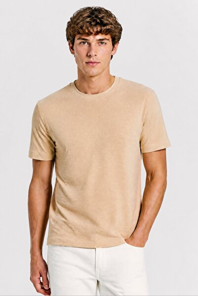 STEEL & JELLY Men Crew Neck Short Sleeve Jacquard T-Shirt, Stone Beige