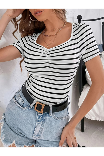 Take Two By Styli White Striped Short Sleeves Top