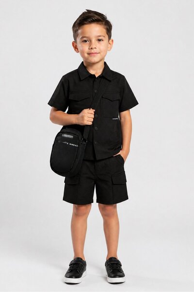 Fudo Kids Boy 3 Pieces Plain Shirt And Shorts With Bag Set, Black