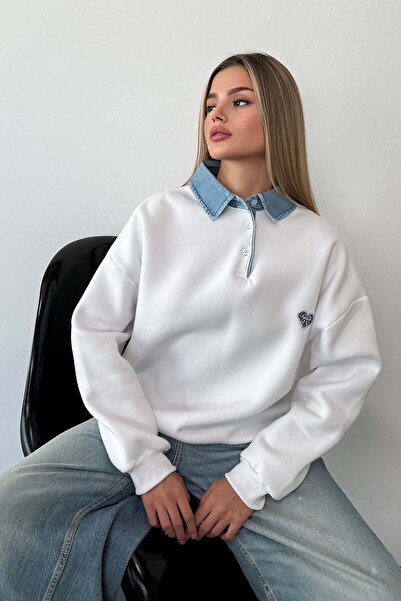 GİYSA Women's denim collar detailed bow embroidered sweatshirt white - 264433