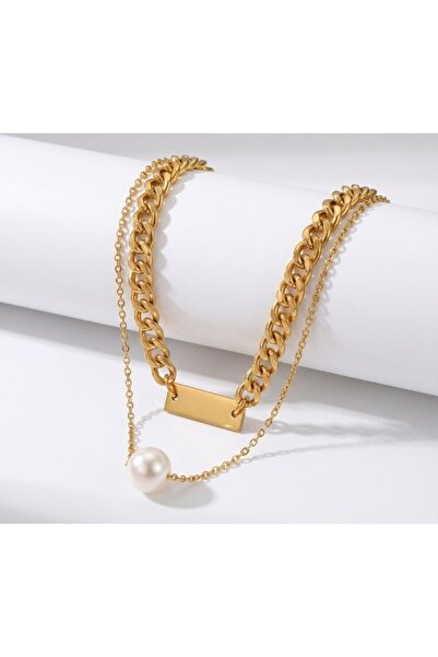 REDz Accessories Colier cu două straturi, din oțel inoxidabil, cu design asim...