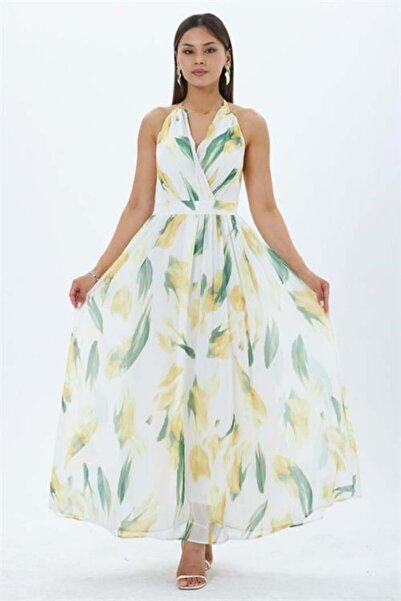 Dipmoda Women's Yellow Leaf Pattern Halter Neck Maxi Length Dress Dpmy4122
