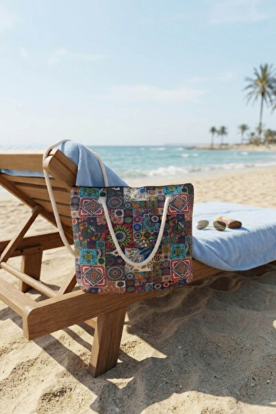 Çt Çeyizci Tekstil Large beach tote bag 40x30 cm – zippered everyday shoulder...