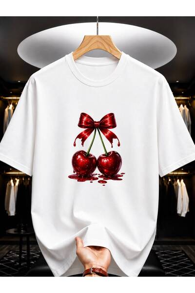 EYMORA White Red Bow Cherry Printed Unisex T-Shirt