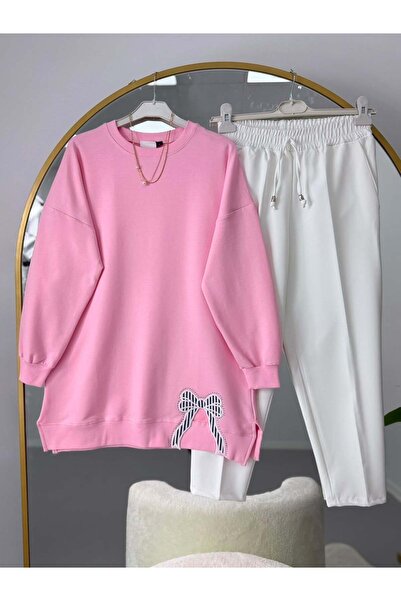 modasindoma Ribbon Embroidered Hijab Tunic Pants Set Pink