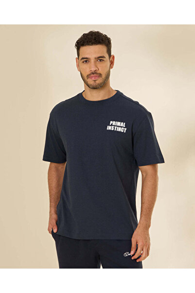REDTAG Men Navy Heavy Jersey Text Print T-Shirt
