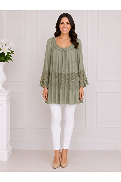 OEM Bluza rafinata Luna cu insertii de dantela ,nuanta de khaki