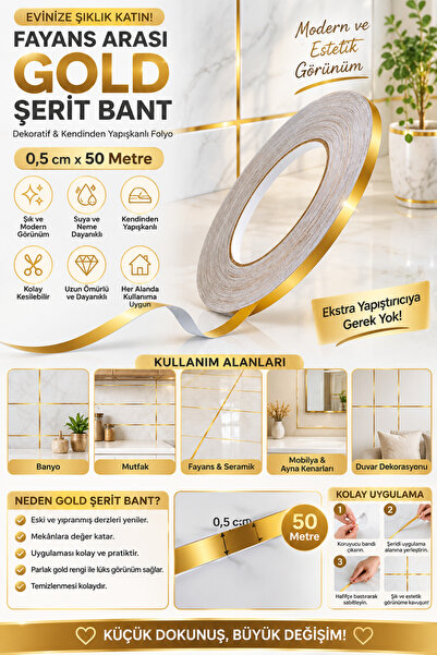ALL FAST Fayans Arası Gold Şerit Bant 0,5 cm x 50 Metre – Dekoratif Kendinden...