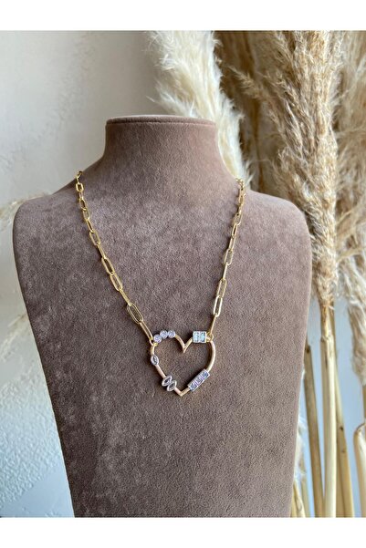 14K Gold Renk Özel Seri Taşlı Kalp Kolye