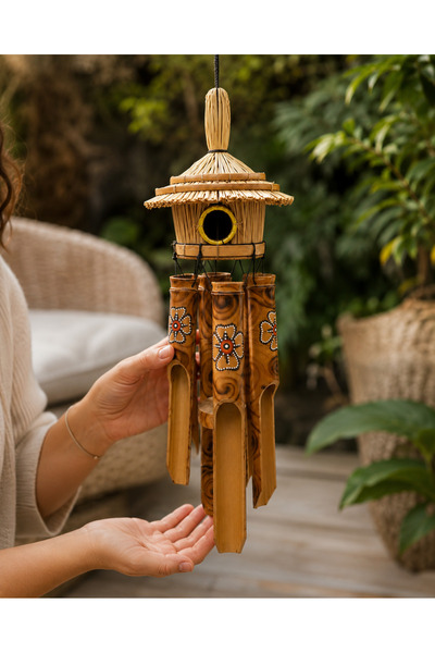 Kuzey Tacı El Yapımı Kuş Evi Detaylı Desenli Bambu Rüzgar Çanı Otantik Balkon...