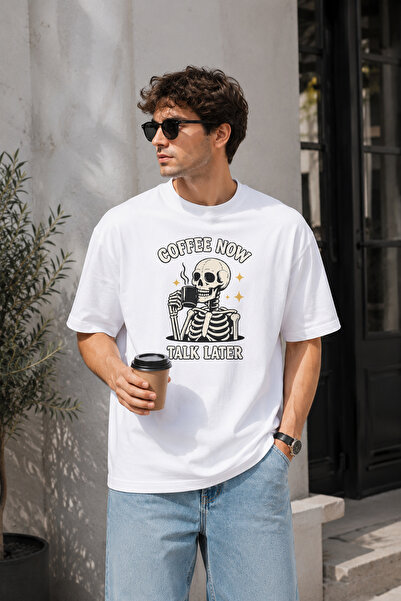 BAGAND Premium Coffee Now Talk Later Oversize Unisex T-Shirt 100% Βαμβάκι Λευ...