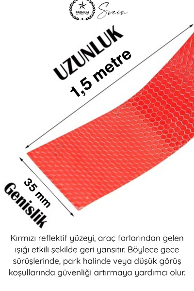 Svein #ReflektifBant Reflektif Kedi Gözü Bant Kırmızı 35mm 1,5 Metre Motosiklet Bisiklet Otomobil Dorse Römork Güvenlik Şeridi Işık Yansıtıcı Gece Görünürlüğü Kendinden Yapışkanlı Dayanıklı Uyarı Etiketi