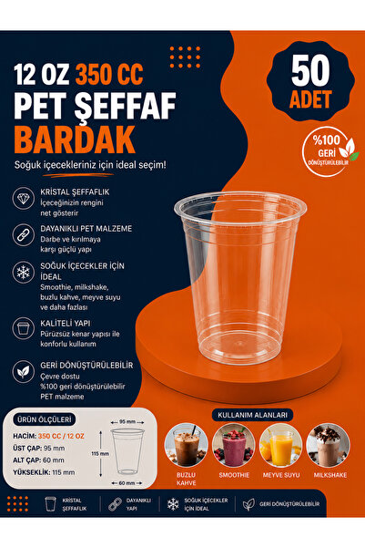 Genel Markalar 12 Oz 350 CC Pet Şefaf Bardak 50 Adet