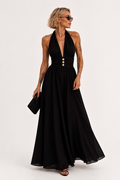 ibeeka - Black Draped Waist Detailed Maxi Dress with Gold Accessory Detail