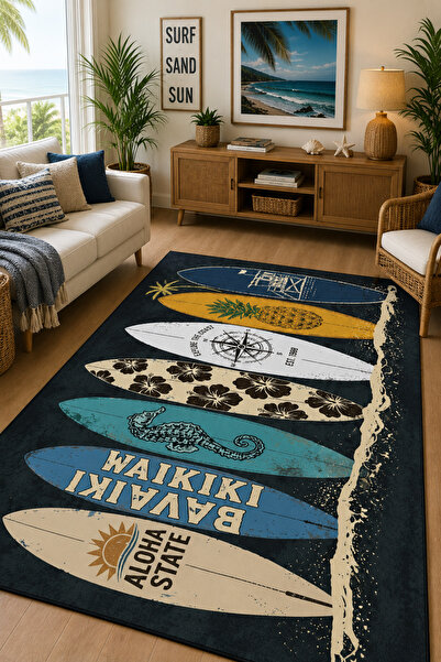 Serteks Sörf Temalı Surfboard Desenli Baskılı Kaymaz Yıkanabilir Mutfak Balko...