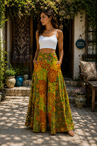 Miss Boheme Shanti Green Color Mandala Patterned Wide Leg Loose Trousers