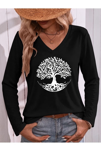mercoledi Black Printed Cotton V-Neck Long Sleeve Blouse