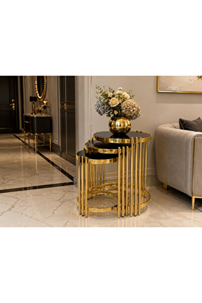 Buket Dekor Buket Yan Sehpa Yuvarlak 3lü Gümüş, Gold ve Eskitme Renklerde
