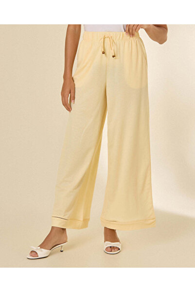 REDTAG Women Yellow Plain Ladder Lace Detailed Wide Leg Trousers