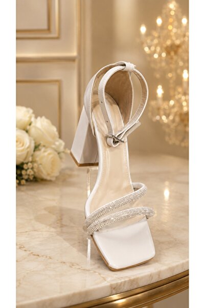 OEM Sandale elegante, albe ,cu toc ,gros,cu barete
